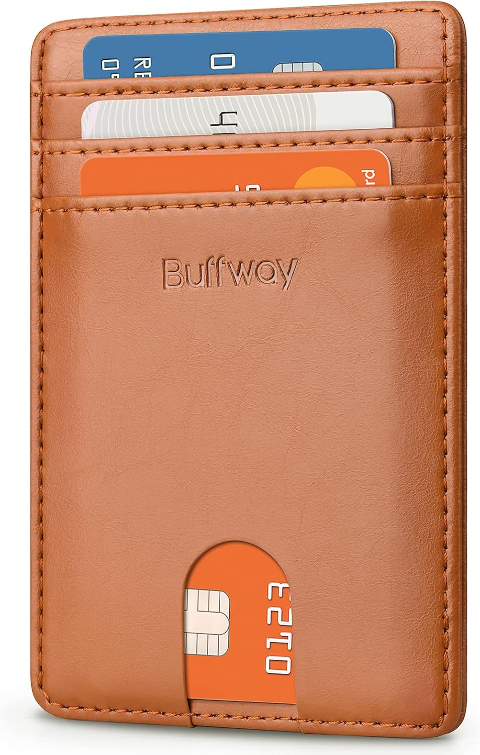Buffway Mens Slim Wallet, Minimalist Thin Front Pocket Leather Credit Card Holder with RFID Blocking for Work Travel