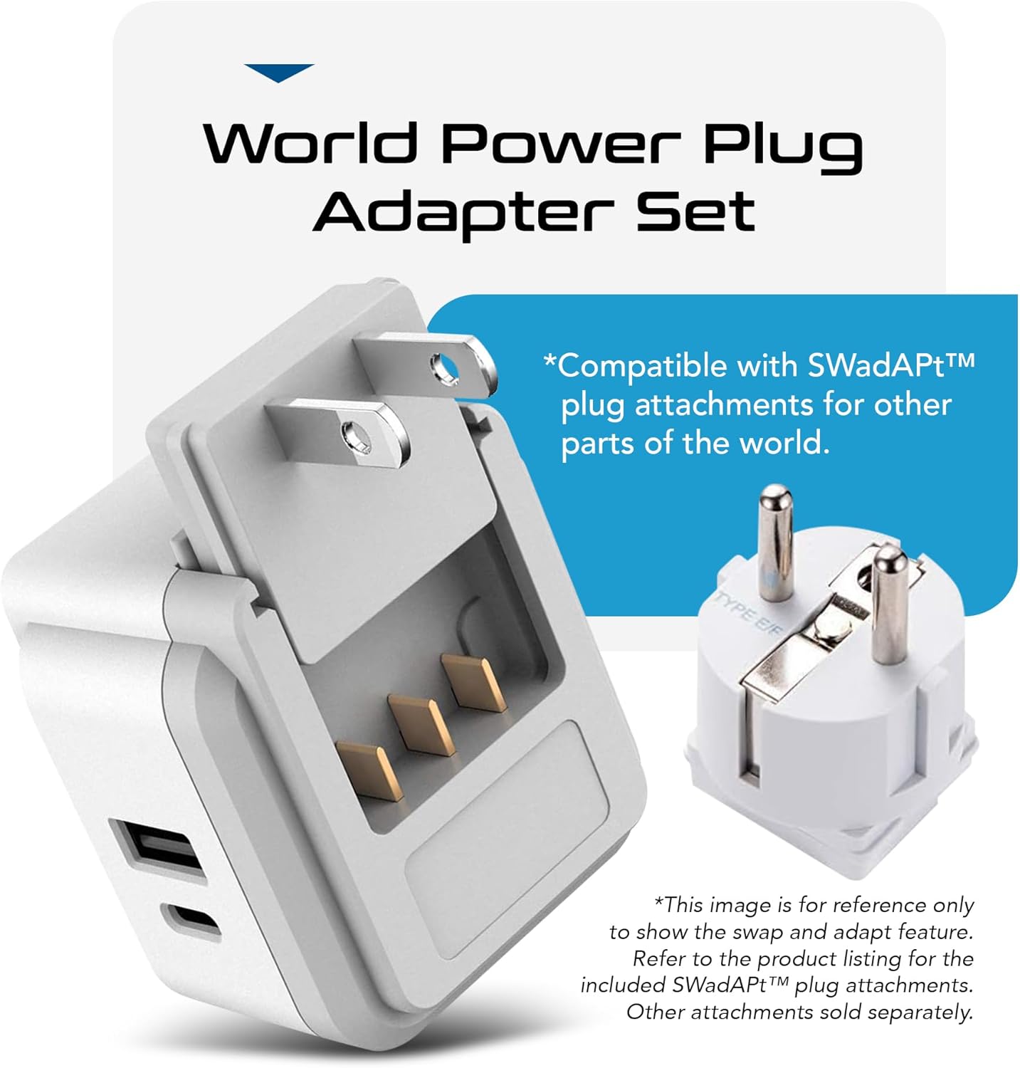 Ceptics World Power Plug Adapter Set, Dual USB & USB-C 3.1A, 20W with QC-PD, 2 USA Outlet Compact & Powerful, Use In Europe, Asia, Australia, Japan, Includes Type A, B, C, E/F, G, I SWadAPt Attachment