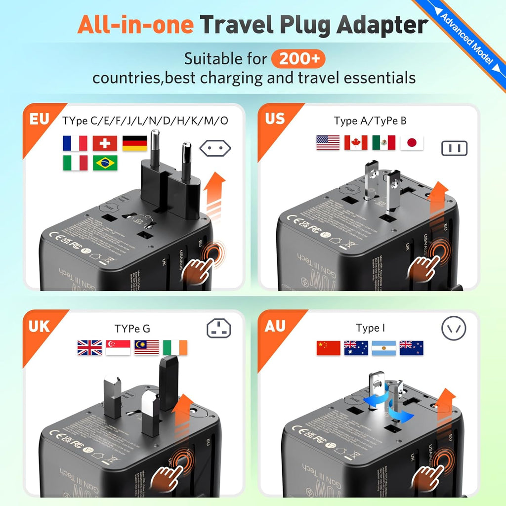70W International European Travel Plug Adapter - HICHOR Fast Universal Travel Plug Adapter for US to Europe Worldwide Adaptor 1 AC Outlet 2 Type-A 3 Type-C EU UK Spain Australia Ireland Italy