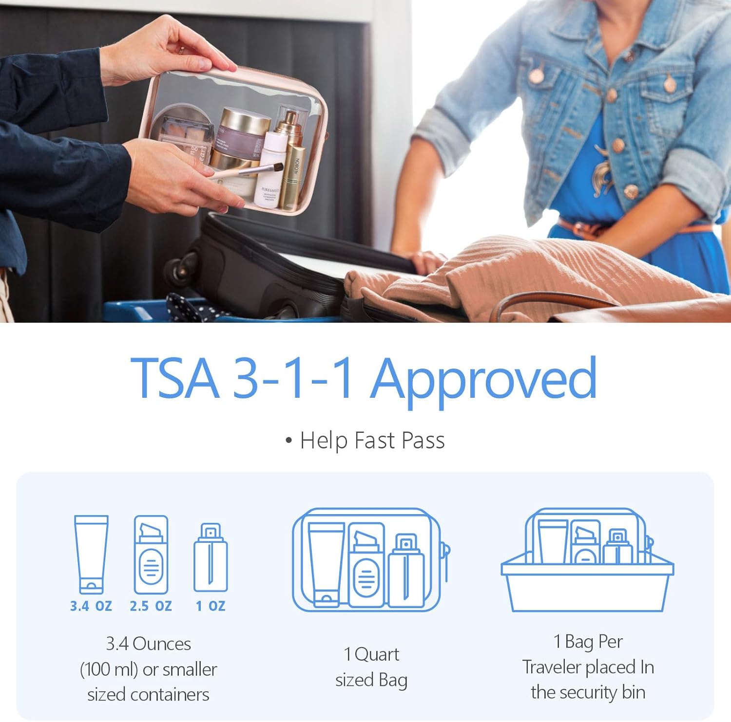 PACKISM TSA Approved Toiletry Bag - Clear Makeup Bag Waterproof Quart Size Bag, Travel Makeup Cosmetic Bag for Women, Carry on Airport Airline Compliant Bag, 4 Pack