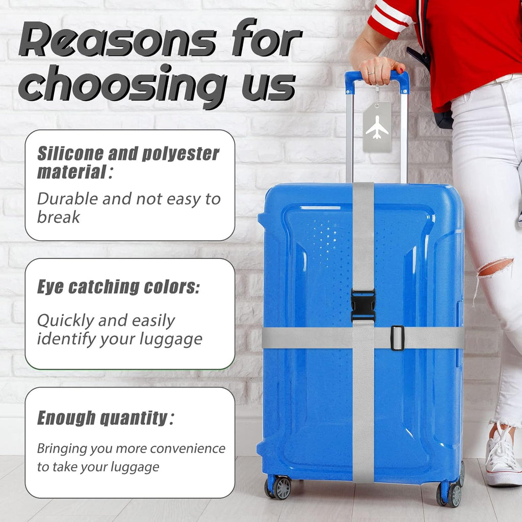 Weewooday 8 Pcs Luggage Straps Suitcase Tags Set for TSA Approved, 4 Travel Adjustable Suitcase Belt, 4 Silicone Luggage Tags with Name ID Card Travel Accessories(Light Gray,Airplane)