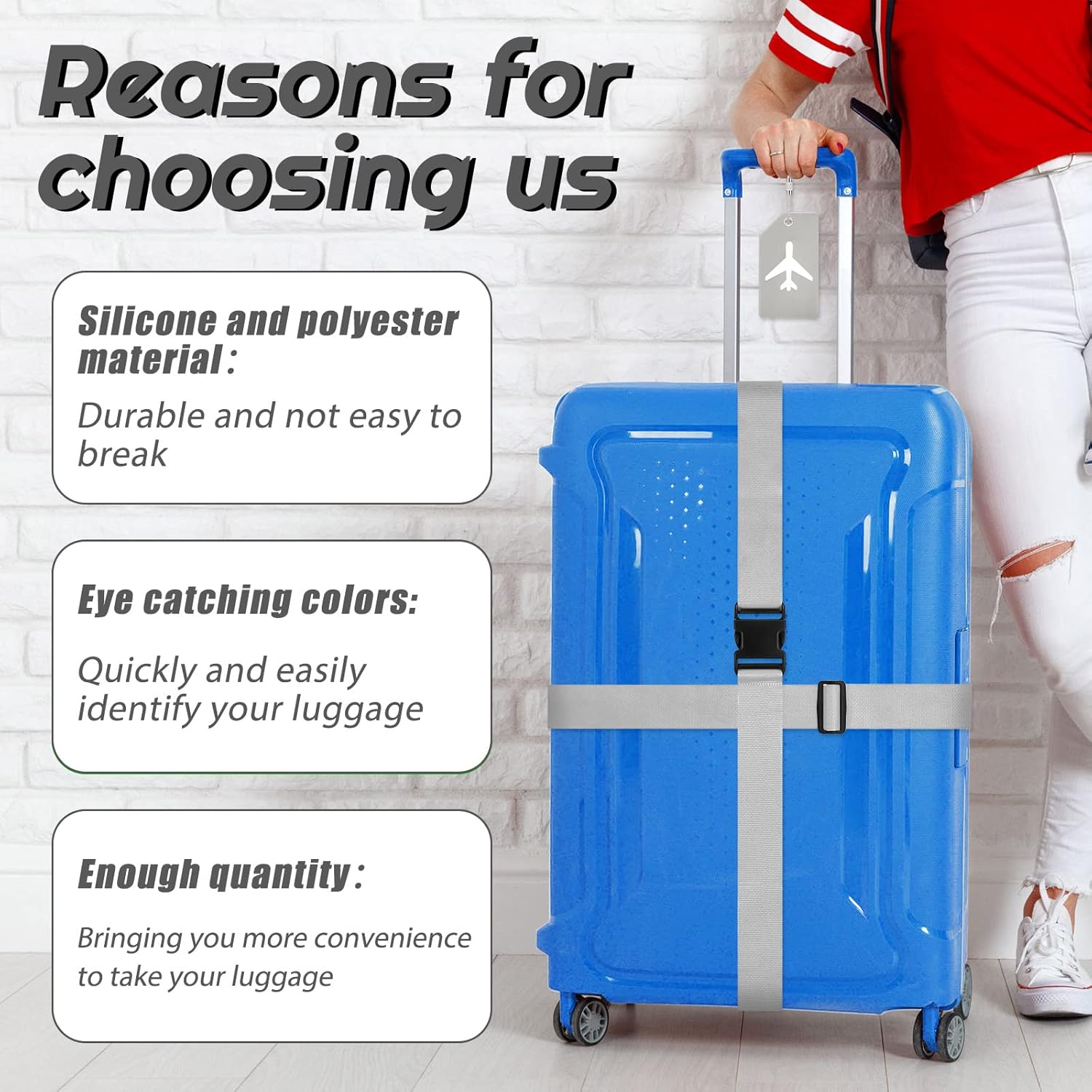 Weewooday 8 Pcs Luggage Straps Suitcase Tags Set for TSA Approved, 4 Travel Adjustable Suitcase Belt, 4 Silicone Luggage Tags with Name ID Card Travel Accessories(Light Gray,Airplane)