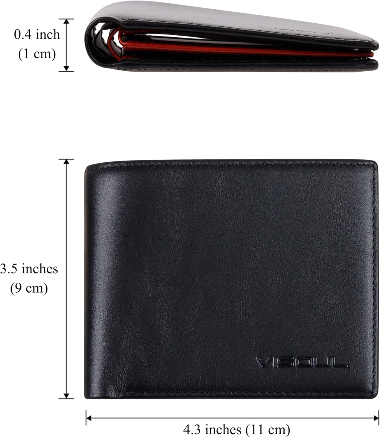 VISOUL Mens Bifold Wallet with 2 ID Windows and 2 Money Compartments, Genuine Leather Designer Wallet with RFID Blocking for Men Two Tone (Black and Burgundy)