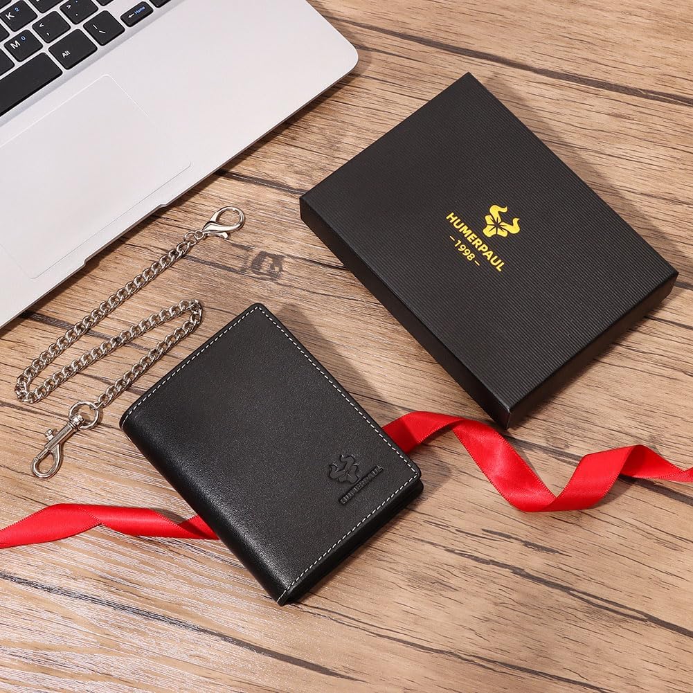 Holder for AirTag Men's Wallet Genuine Leather Purse RFID Blocking Bifold with Anti-Theft Chain,Black with Gift Box (BLACK)