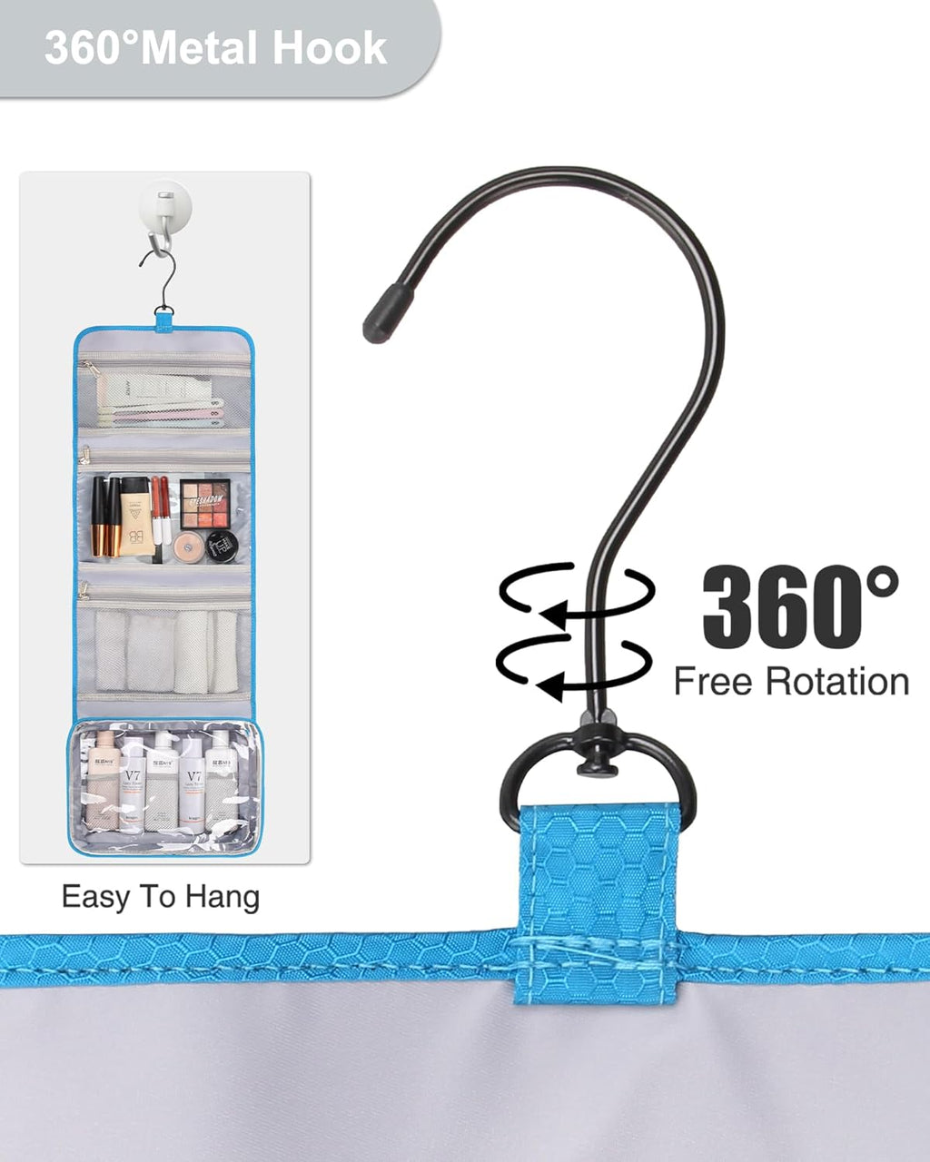 Relavel Travel Hanging Toiletry Bag for Women Men Large Capacity Makeup Bag Waterproof Cosmetic Storage Organizer Case for Bathroom Shower (Blue)