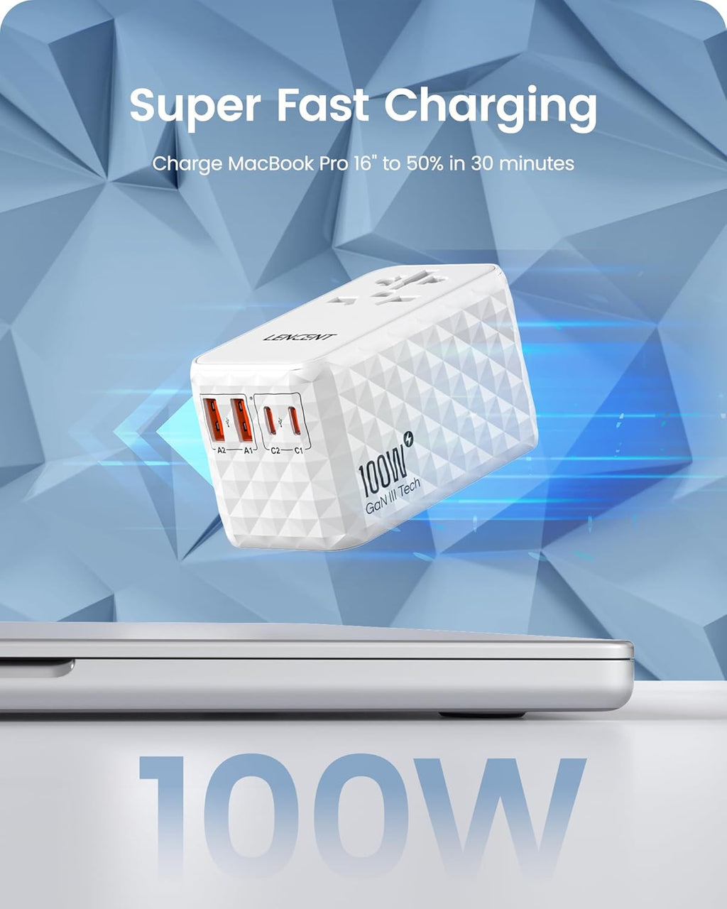 LENCENT 100W International Travel Adapter, Universal Travel Adapter with 2 QC USB-A & 2 PD3.0 Type C Power Adapter, Fast Charging for Phone,Laptops, All-in-One Outlet Adapter for USA/UK/EU/AUS, White
