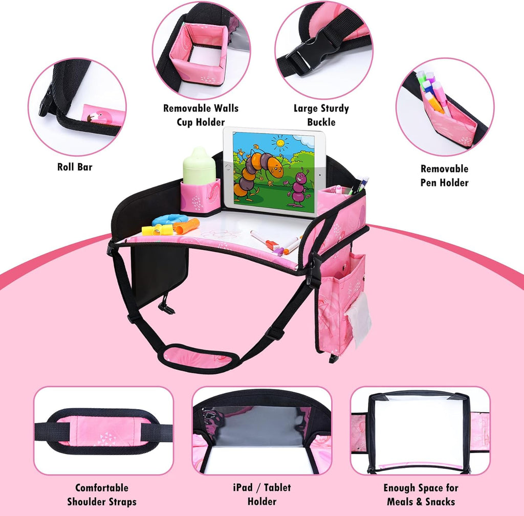Kids Travel Tray, Travel Tray for Kids Car Seat, Toddler Car Seat Lap Tray, Carseat Tray for Kids Travel, Carseat Table Tray for Kids Travel Activities (Light Pink)