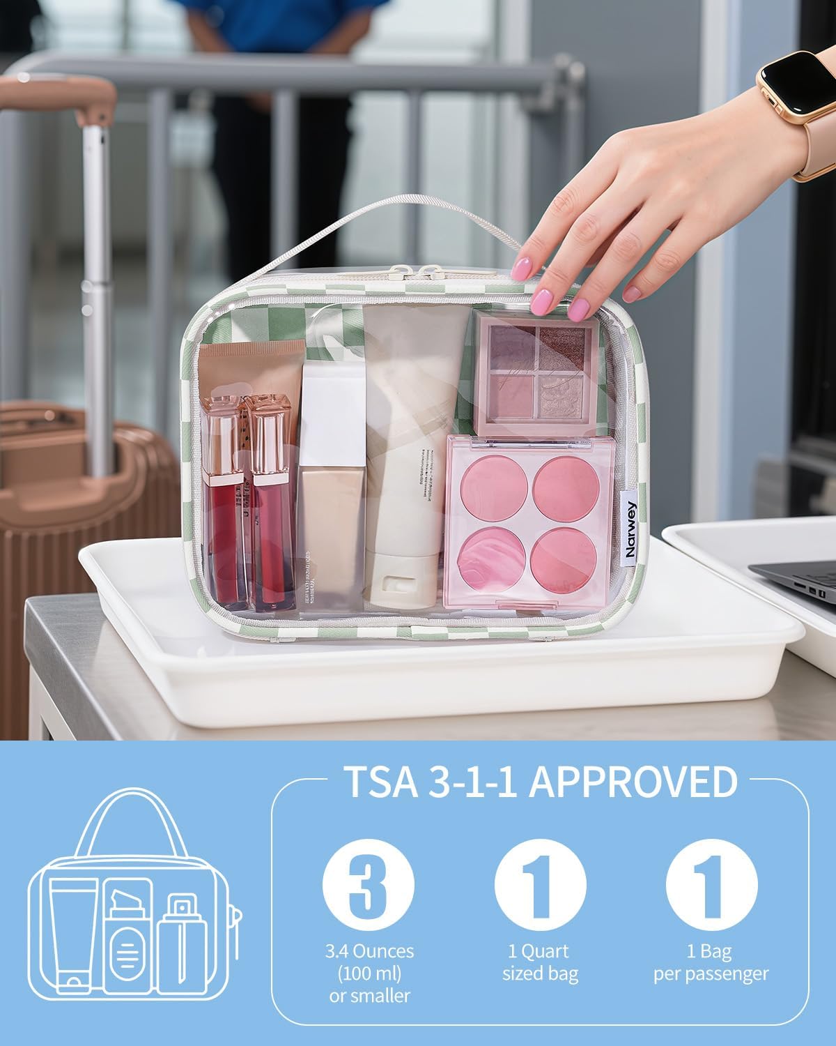 Narwey TSA Approved Clear Toiletry Bag for Travel, Waterproof PVC Clear Makeup Bags, Portable Compact Cosmetic Bag Make Up Organizer, Airport Airline Quart Size Compliant Bag (Mint Green Checkerboard)