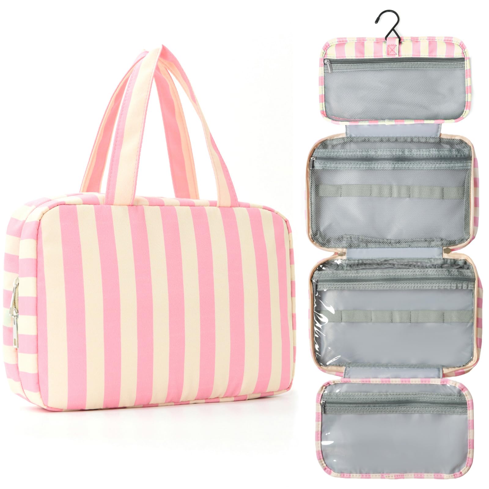Apxouans Toiletry Bag for Women Travel Water-resistant Cosmetic Bag Fashion Stripes Makeup Bag with Hanging Hook Preppy for Store Toiletries Cosmetic Accessories Large Capacity Pink