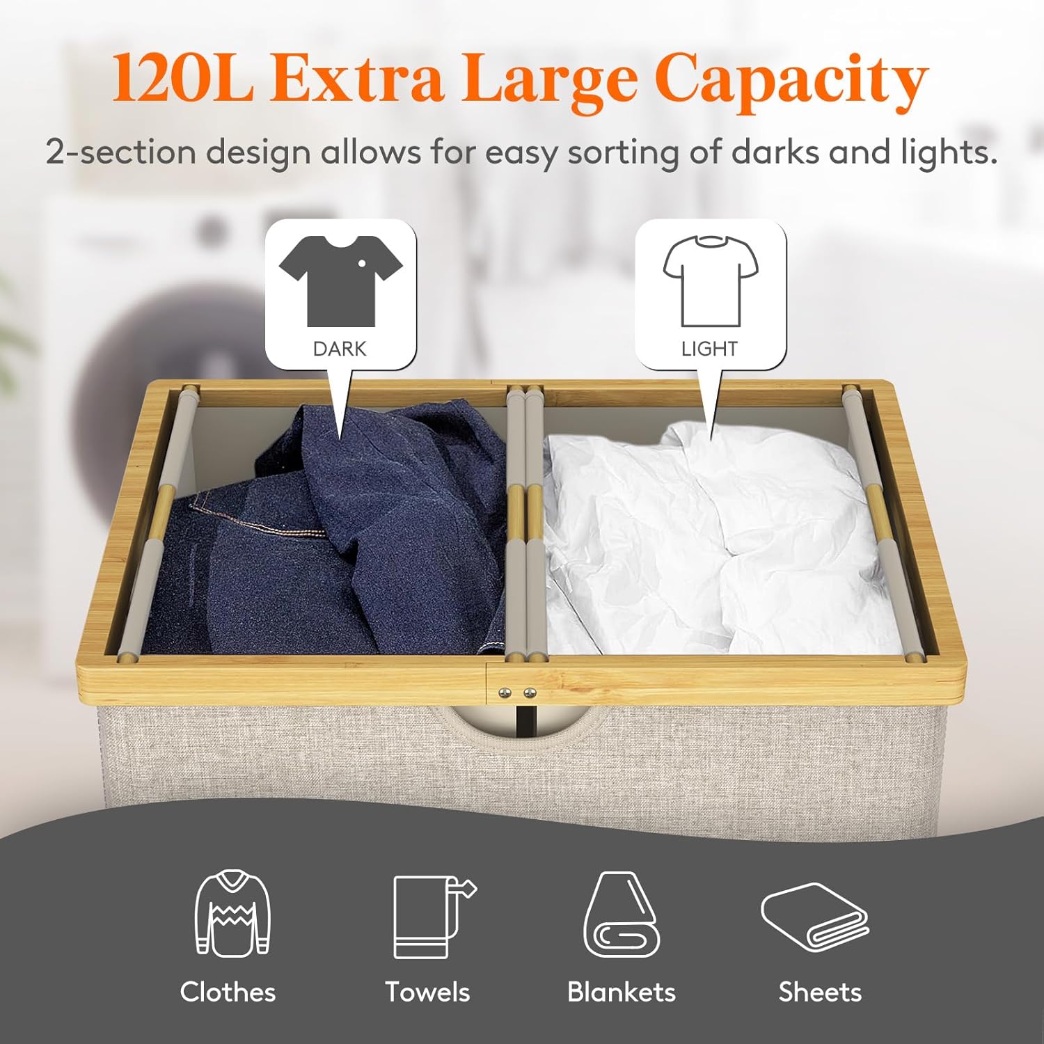 Lifewit 120L Double Laundry Hamper with Lid, Extra Large Bamboo Laundry Basket Dirty Clothes Hamper, 2 Section Laundry Bin Organizer for Laundry Room Bedroom with 2 Removable Liners & Bags, Beige