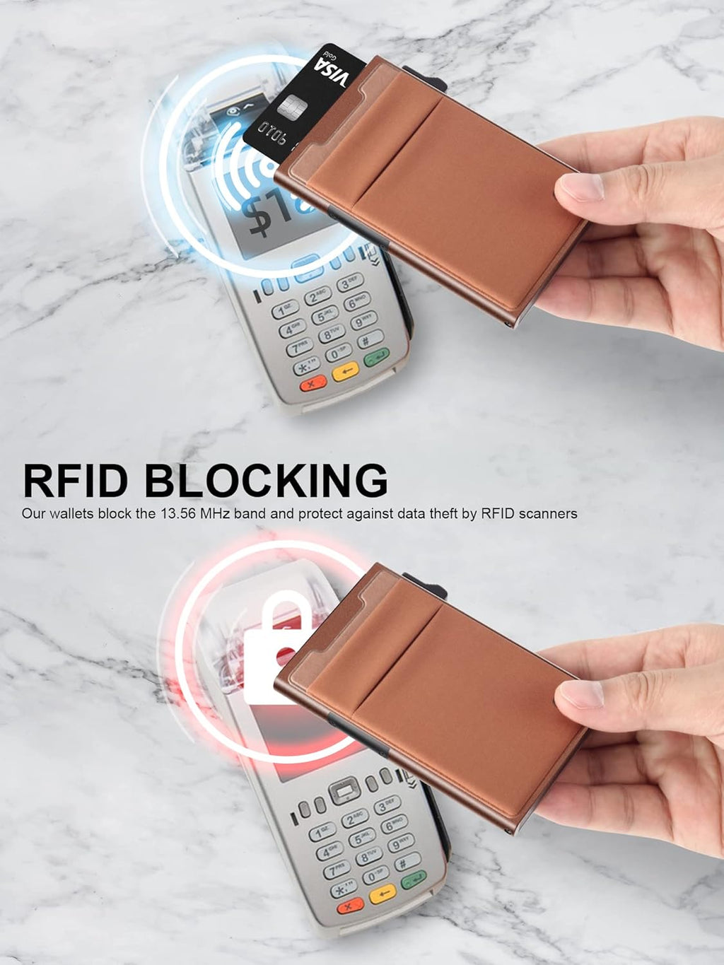 Slim Wallet for Men and Women,Pop Up Credit Card Wallet Metal Minimalist Cards Holder with Money Pocket,Small Ultralight Aluminum RFID Blocking Wallets 6-12 Card Capacity,Brown