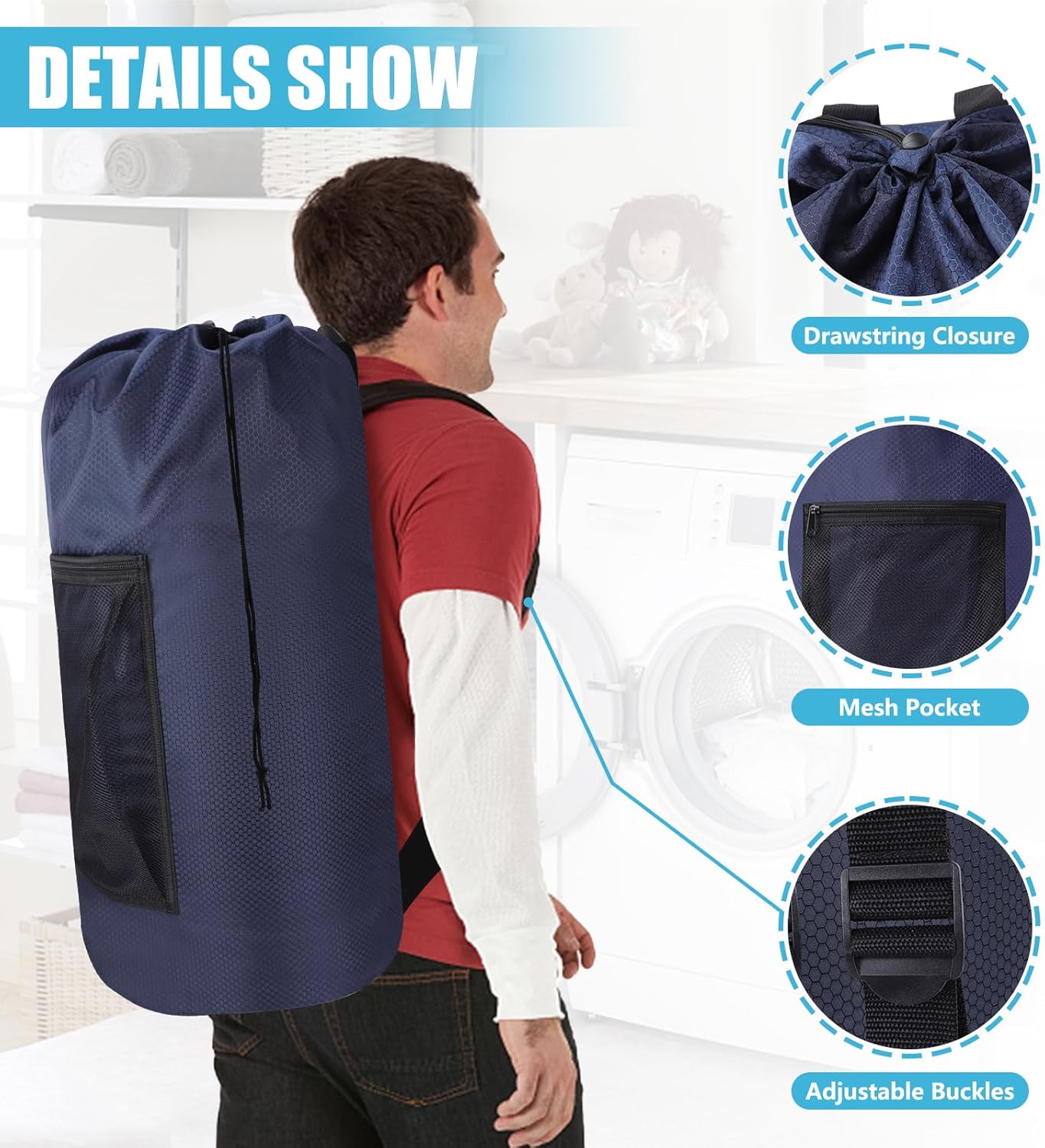 Portable with Adjustable Shoulder Straps Travel Dirty Laundry Bag,with Drawstring Closure & Mesh Pocket Backpack Laundry Bag for College,Apartment,Camping(Dark Blue)