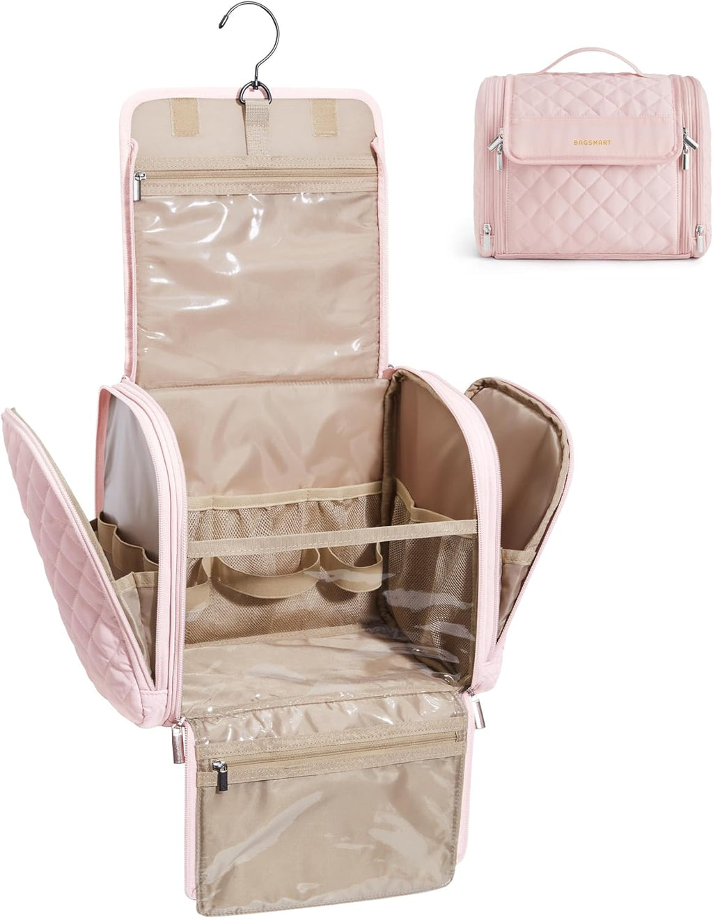 BAGSMART Travel Toiletry Bag, Large Capacity Cosmetic Bags for Women with Hanging Hook, Water-resistant for Toiletries Accessories Brushes Sponge, With Handle