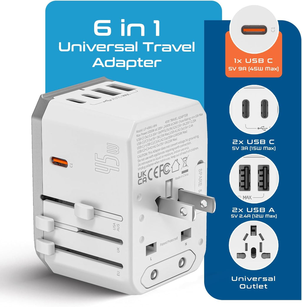 Ceptics 6-in-1 Universal Travel Adapter with 2X USB-A and 3X USB-C, 45W for Global Use, Compatible with US, EU, UK & More, White