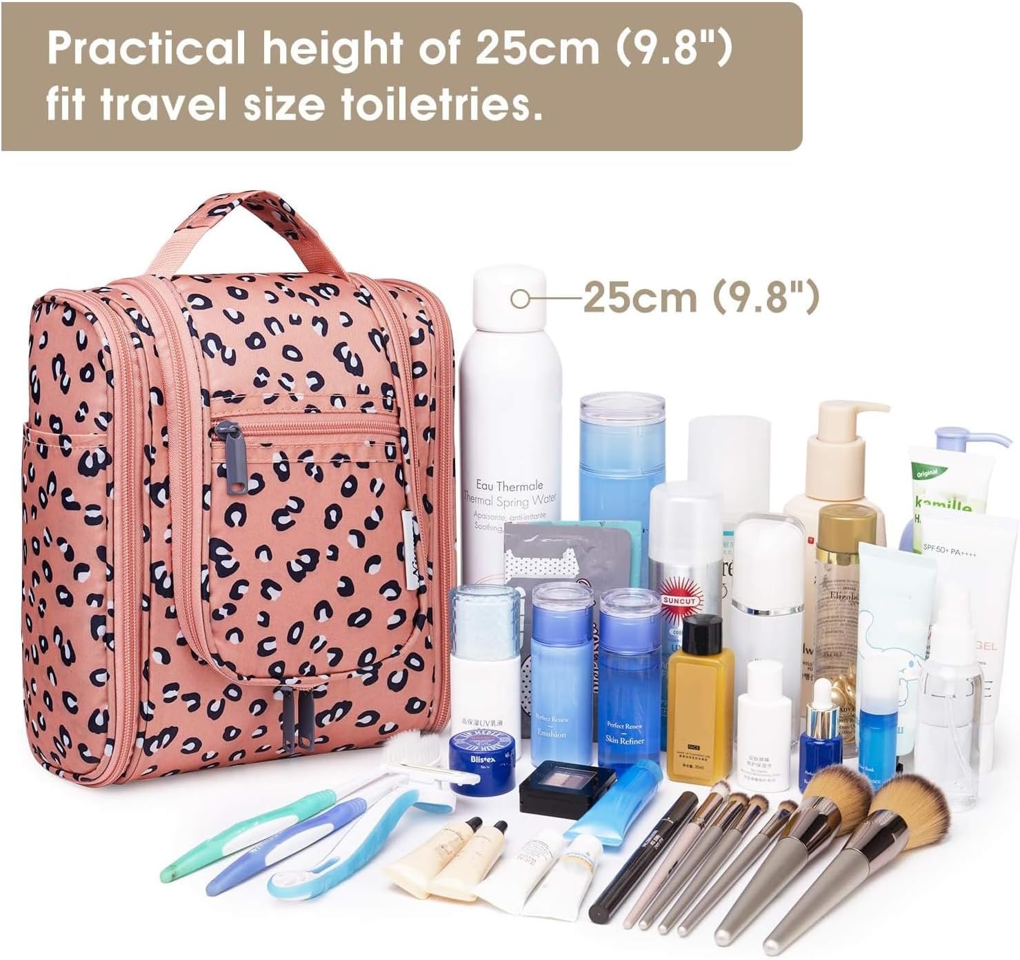Narwey Small Hanging Cheetah Toiletry Bag Women Travel Makeup Bag Organizer Toiletries Bag for Travel Size Essentials Accessories Cosmetics (Medium, Orange Leopard)