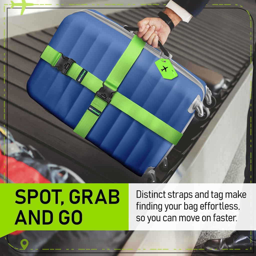 Untethered Ultimate Travel Set: 4 Premium Luggage Straps and 4 Silicone Tags - Secure & Identify Your Bags with Ease (Green + Tags)