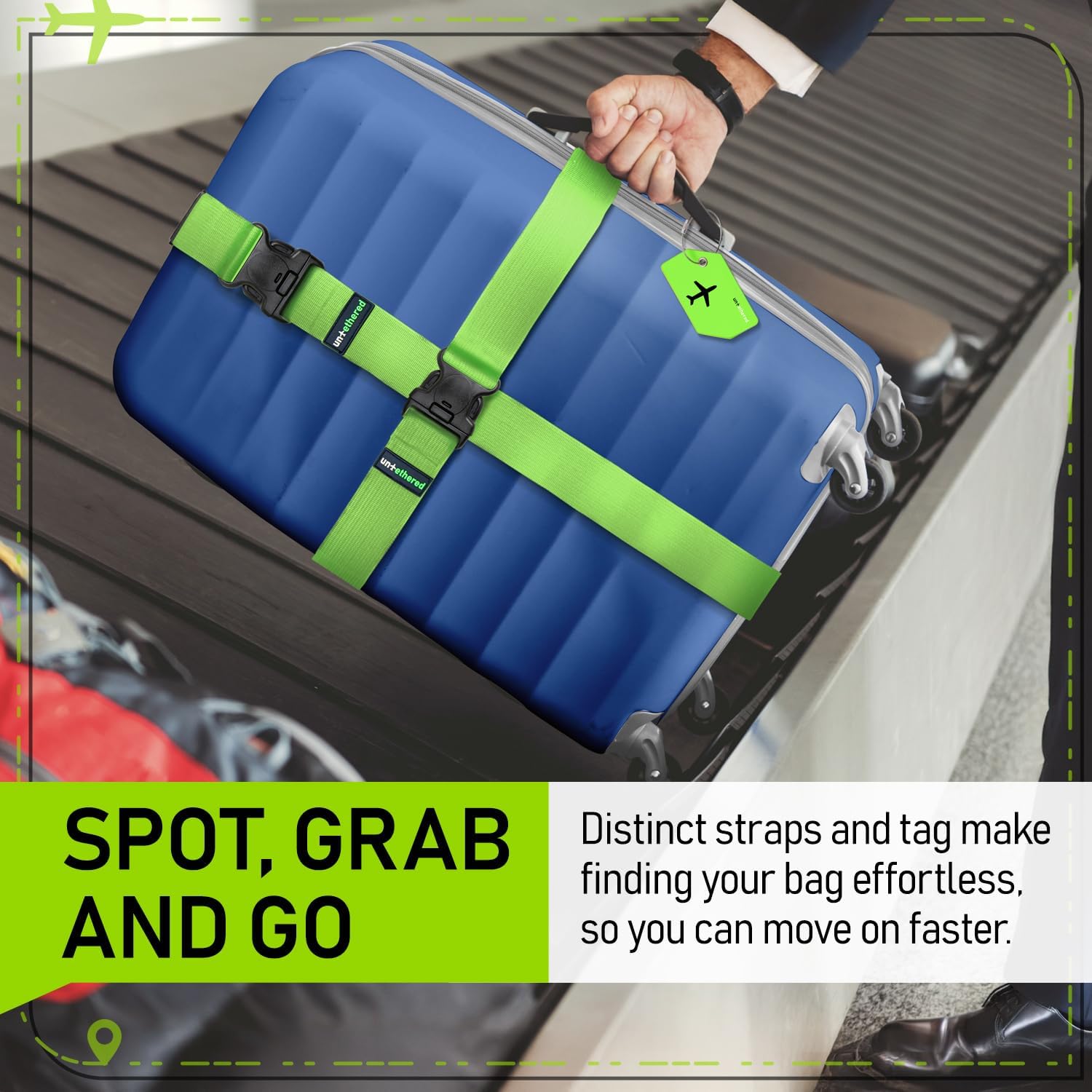 Untethered Ultimate Travel Set: 4 Premium Luggage Straps and 4 Silicone Tags - Secure & Identify Your Bags with Ease (Green + Tags)