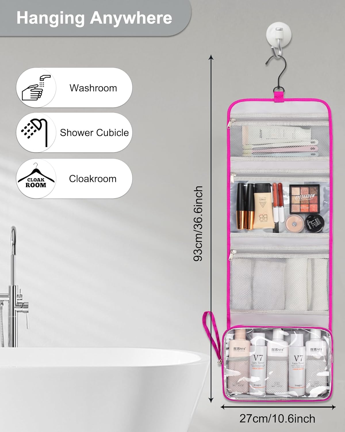 Relavel HangingTravel Toiletry Bag for Women, Large Capacity Toiletries Bag, Travel Essentials Organizer, Hanging Makeup Case for Accessories, Waterproof Bathroom Shower Bag (hot pink)