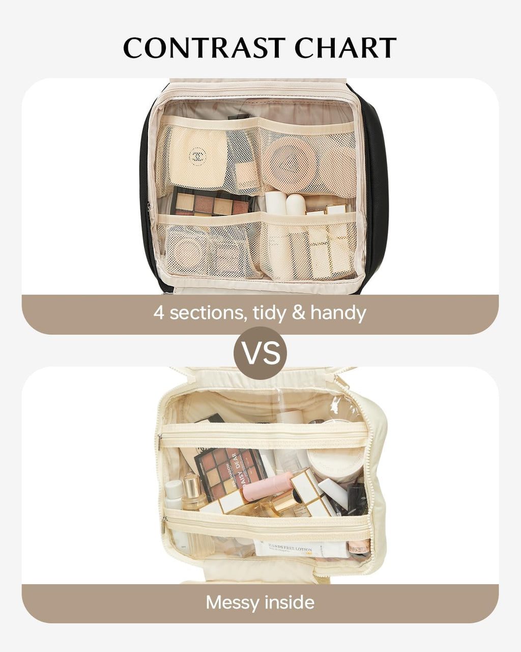 EACHY Toiletry Bag with Hanging Hook, Travel Makeup Bag PU Leather Cosmetic Bags for Women Make Up Organizer with 4 Compartments Waterproof Full-Size Portable Travel Essentials (Black，Pro)