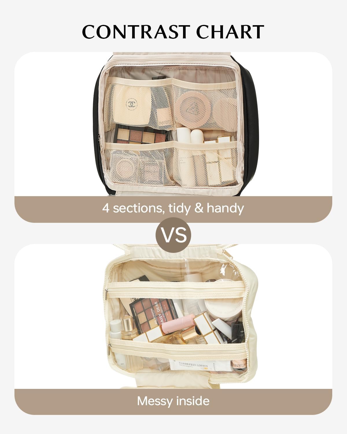 EACHY Toiletry Bag with Hanging Hook, Travel Makeup Bag PU Leather Cosmetic Bags for Women Make Up Organizer with 4 Compartments Waterproof Full-Size Portable Travel Essentials (Black，Pro)