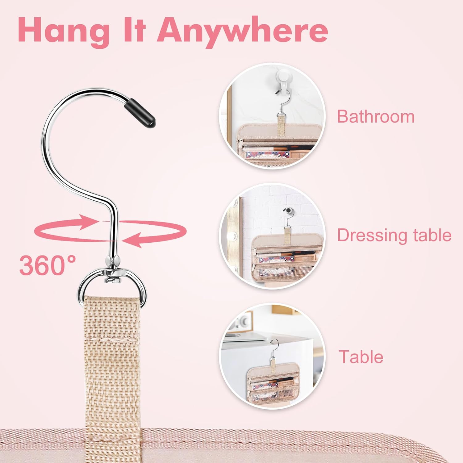 Wedama Toiletry Bag for Women, Medium Cosmetic Travel Bag, Hanging Toiletry Bag for Bathroom, Thickened PVC Waterproof Makeup Bag, Toiletries Bag for Travel Business Trips and Camping, Baby Pink