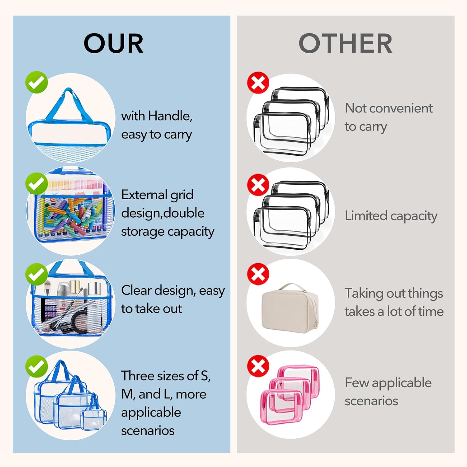 XEWEA Clear Travel Toiletry Bags, 3 Pack TSA Approved Transparent Makeup Bag for Men Women, Large Waterproof PVC Quart Organizer with Zipper for Toiletries Airline Essentials,Toy Storage Pouch Blue