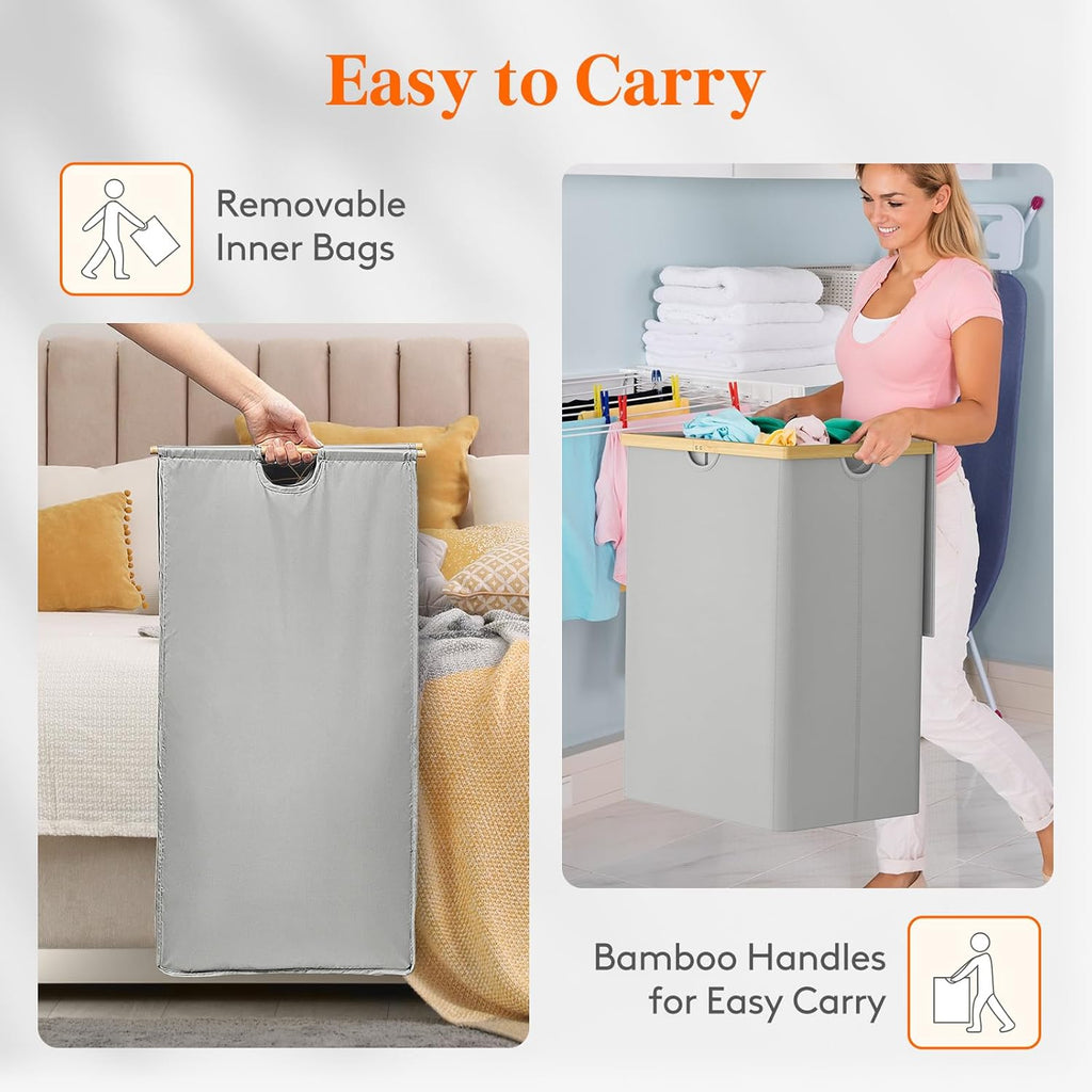 Lifewit 160L Double Laundry Hamper with Lid, Extra Large Bamboo Laundry Basket Dirty Clothes Hamper, 2 Section Laundry Bin Organizer for Laundry Room Bedroom with 2 Removable Liners & Bags,Silver Grey