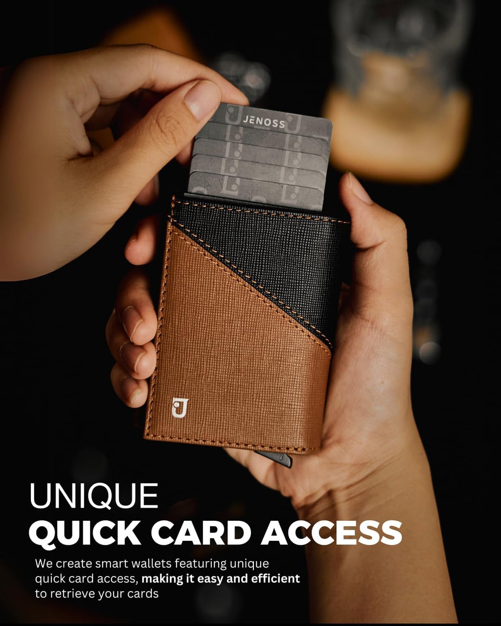 Jenoss Smart Wallet For Men: Full Grain Leather, Handcrafted, Slide Metal Pop Up Case, Slim RFID Blocking Credit Card Holder, Compact 12 Cards Slot Organizers, ID, Money Clip(Brown & Black)