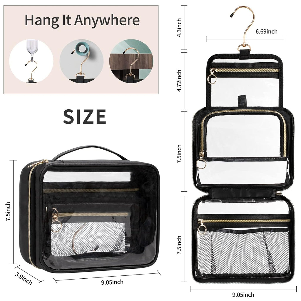 Toiletry Bag for Men, Clear Hanging Toiletries Bag for Travelling, Transparent Makeup Bag Organizer Portable Skincare Cosmetic Pouch for Women, 3 Compartment