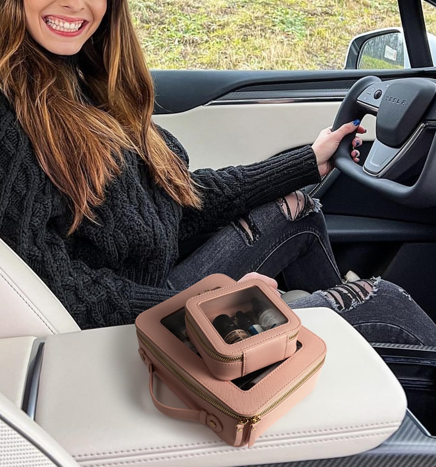 LETGO Clear Makeup Bags Set - TSA Approved Toiletry Bag with Handle Large Opening, Clear Toiletry Bag Pouch for Traveling Travel Car Orangizer Storage Accessories Essentials (Mini+Large Dark Skin)