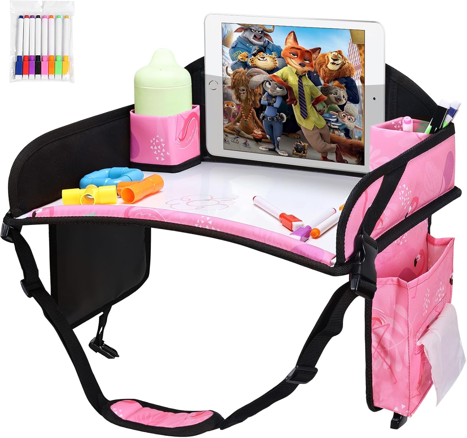 Kids Travel Tray, 3PCS Car Seat Tray for kids Travel, Toddler Road Trip Essentials With Drawing Kit, Toddler Lap Desk Organizer for Car, Carseat Table for Airplane