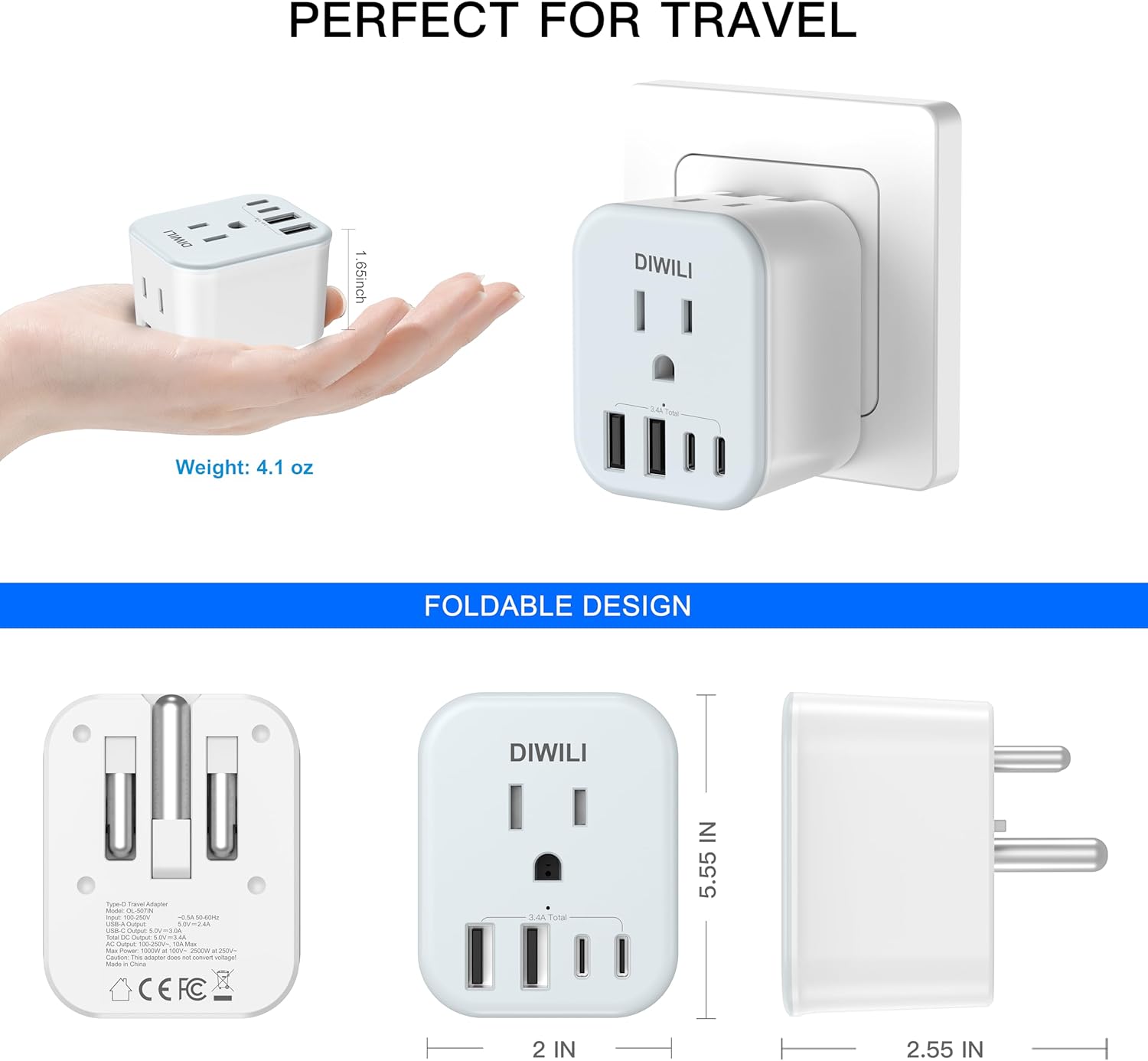 US to India Travel Plug Adapter, Foldable India Power Adapter with 4 USB(2 USB C Port) and 2 AC Outlets Charger, Type D Adaptor for US to India Bangladesh Maldives Pakistan Sri Lanka(1 Pack)
