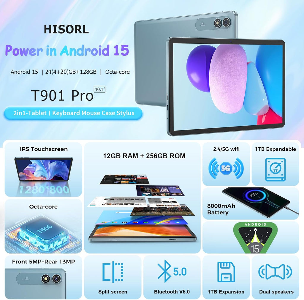 Android Tablet with Keyboard, Android 15 Tablet 10 inch with 24GB+128GB, 1TB Expand, 8-Core, 8000mAh, 5G WiFi, Widevine L1, GMS, with Case, Keyboard, Mouse, Stylus(Green)