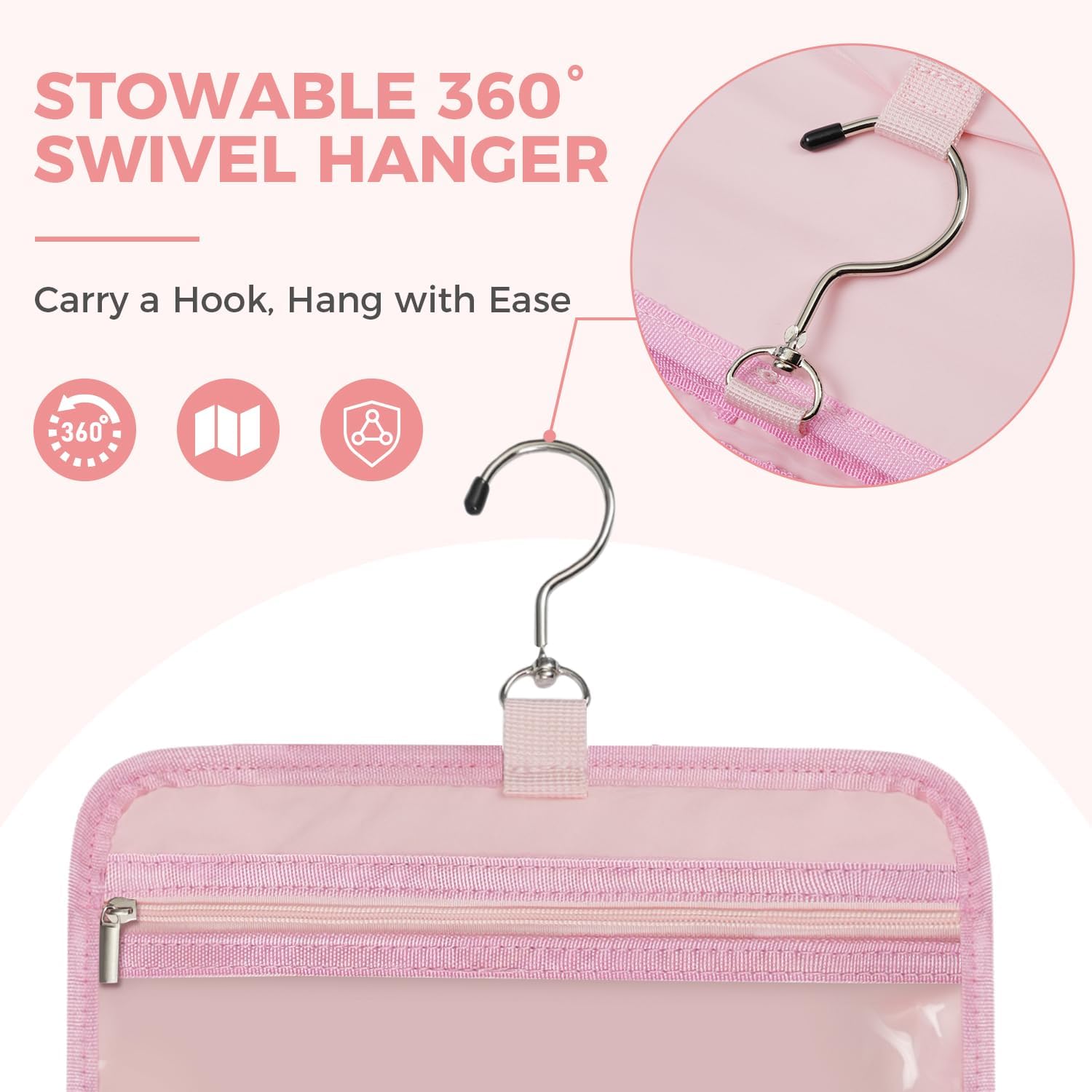 Toiletry Bag For women,Portable Hanging Organizer,4 Leakproof Compartment for full-sized Conditioner, Brushes Set, Makeup Accessories,Visible and easy to access.L-light pink