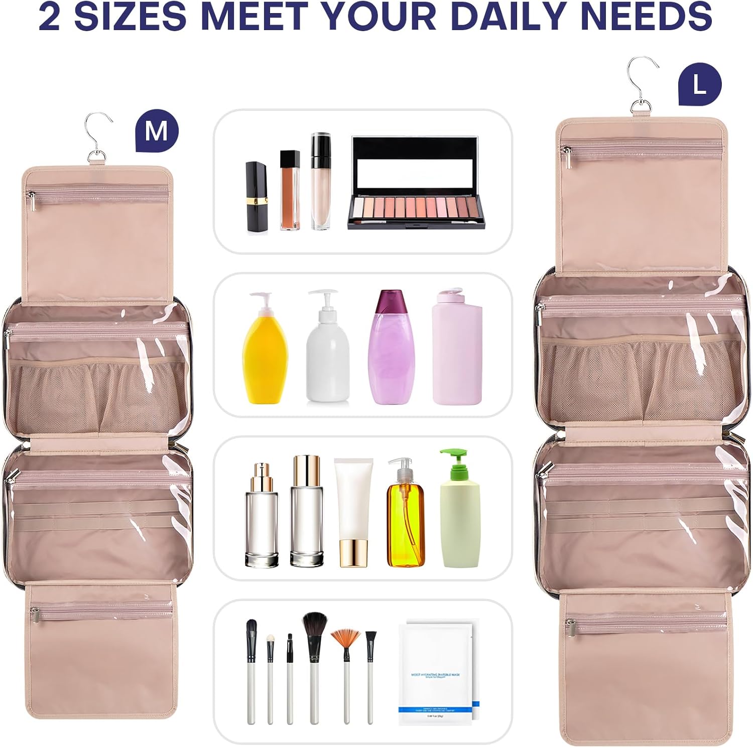 Hanging Toiletry Bag for Women Travel, 2 Sizes Large & Small Waterproof Cosmetic Organizer with 4 Compartments, Rotating Hook, Foldable Pink Travel Bag for Toiletries & Makeup Medium Grey Blue