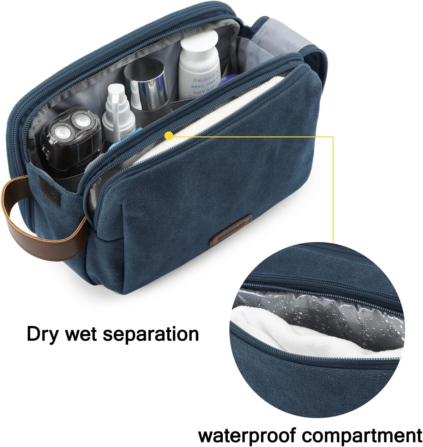 BAGSMART Toiletry Bag for Men, Canvas Travel Toiletry Organizer Dopp Kit Water-resistant Shaving Bag for Toiletries Accessories,Navy Blue-Medium