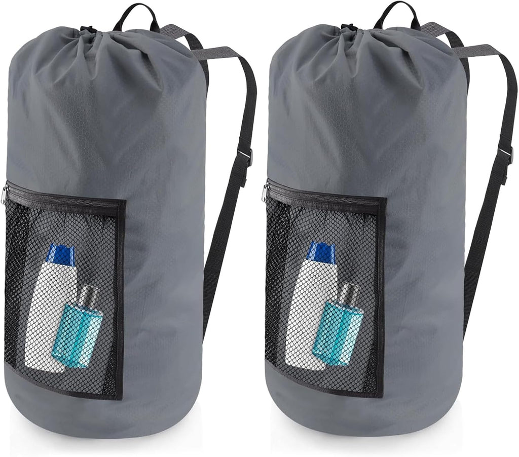 Laundry Bag Backpack, 2PCS Extra Large Travel Laundry Bag with Mesh Pocket & Adjustable Shoulder Straps,Dirty Clothes Travel Bag for College Students Dorm,Apartment(Grey)