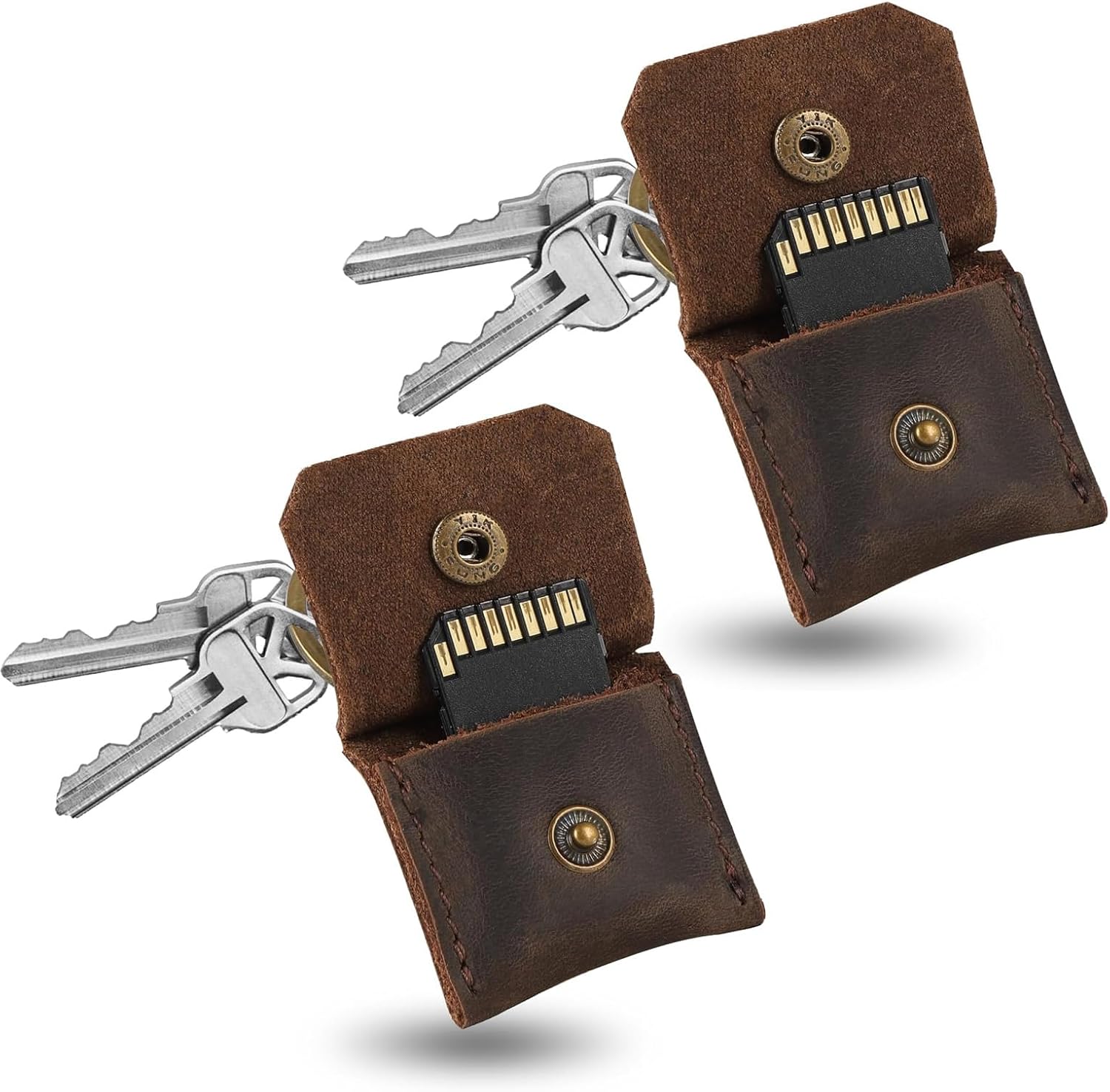 Jack&Chris Genuine Leather SD Card Holder Keychain, Anti-Shock Anti-Dust SD Card Case, Portable Camera Accessories for SD CF CFexpress Micro SD Nano SIM and Micro SIM Cards, Coffee 2 Packs