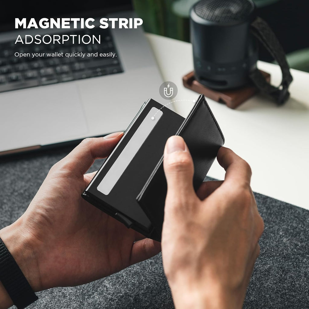 VULKIT Pop up Card Wallet Minimalist Cash Wallets RFID Blocking Leather Smart Credit Card Holder with ID window for Men