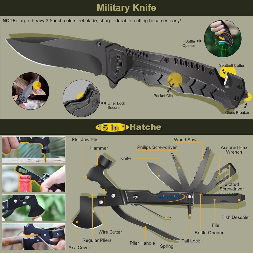 XUANLAN Emergency Survival Kit, Outdoor Survival Gear Tool with Survival Bracelet, Fire Starter, Whistle, Wood Cutter, Water Bottle Clip, Pen (29 in 1)