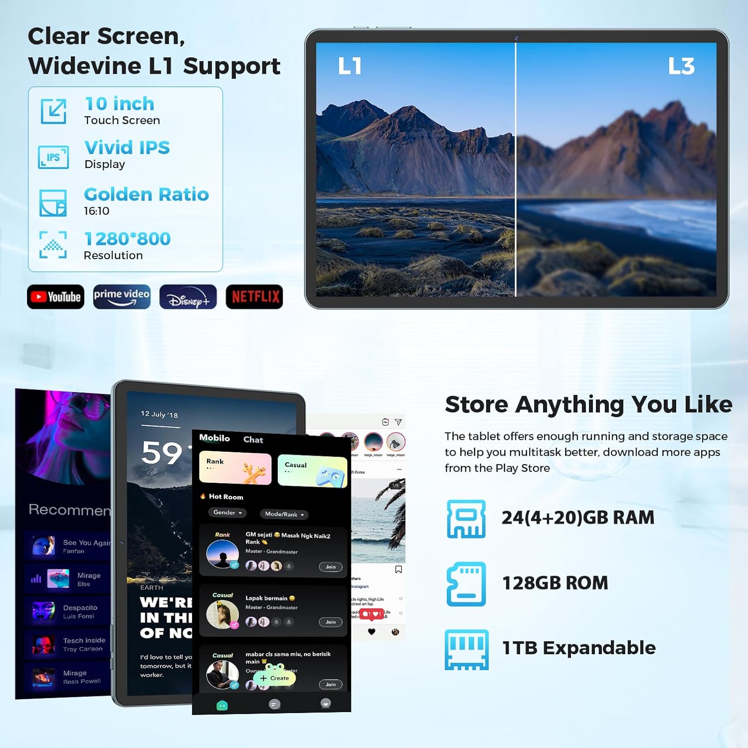 Android Tablet with Keyboard, Android 15 Tablet 10 inch with 24GB+128GB, 1TB Expand, 8-Core, 8000mAh, 5G WiFi, Widevine L1, GMS, with Case, Keyboard, Mouse, Stylus(Pink)