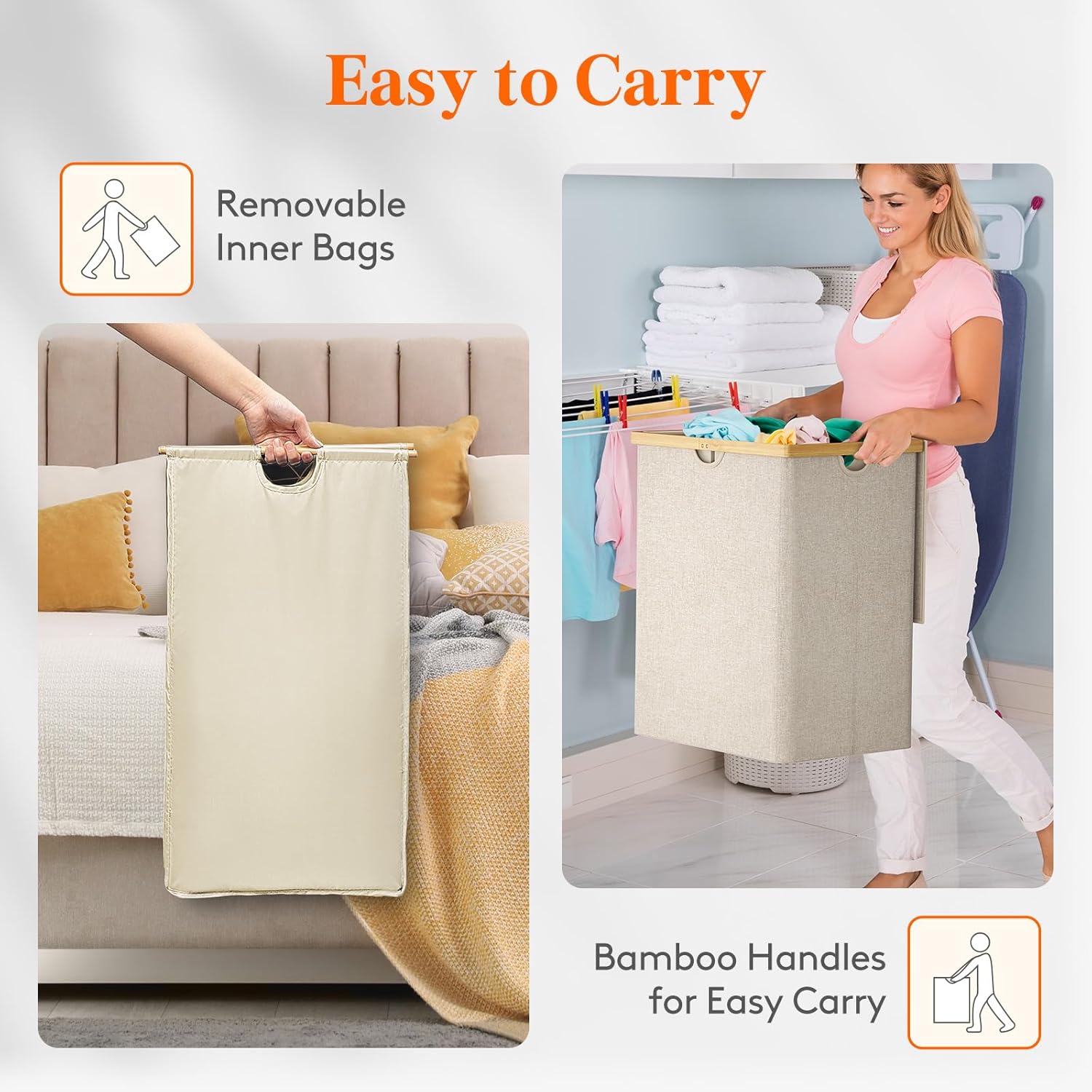 Lifewit 120L Double Laundry Hamper with Lid, Extra Large Bamboo Laundry Basket Dirty Clothes Hamper, 2 Section Laundry Bin Organizer for Laundry Room Bedroom with 2 Removable Liners & Bags, Beige