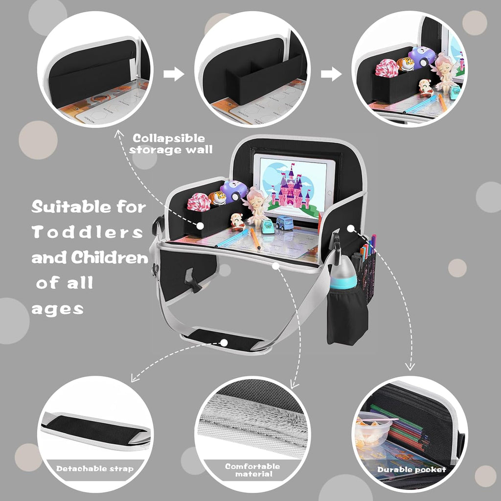 MENZOKE Car Seat Tray for Kids with Large Educational Drawing Board, Tablet Stand & Cooler Cup Holder, Essential for Family Road Trips, Airplane Rides & Daily Commutes, Black