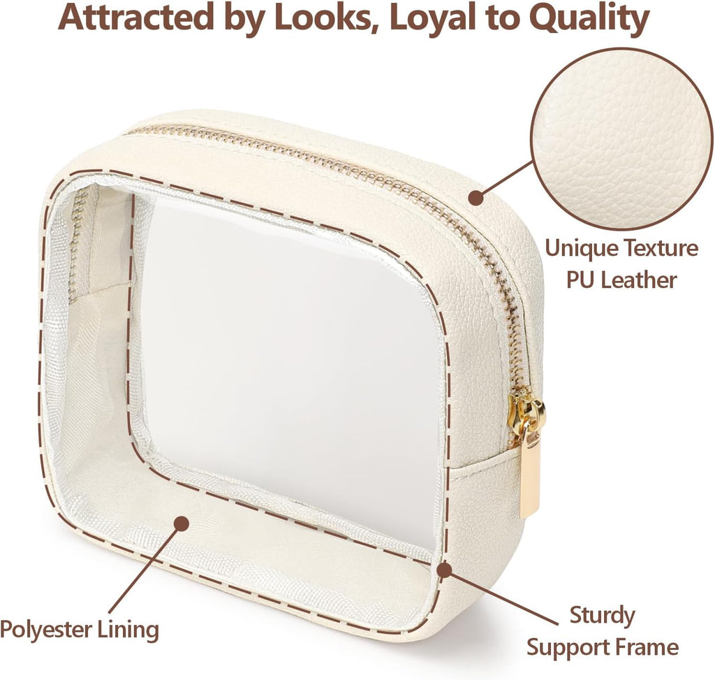 PACKISM Small Clear Makeup Bag - PU Leather Clear Travel Bags for Toiletries Mini Makeup Bag for Purse, Portable Cosmetic Bag Car Bag for Essentials for Women Gift Daily Use (Beige Mini)