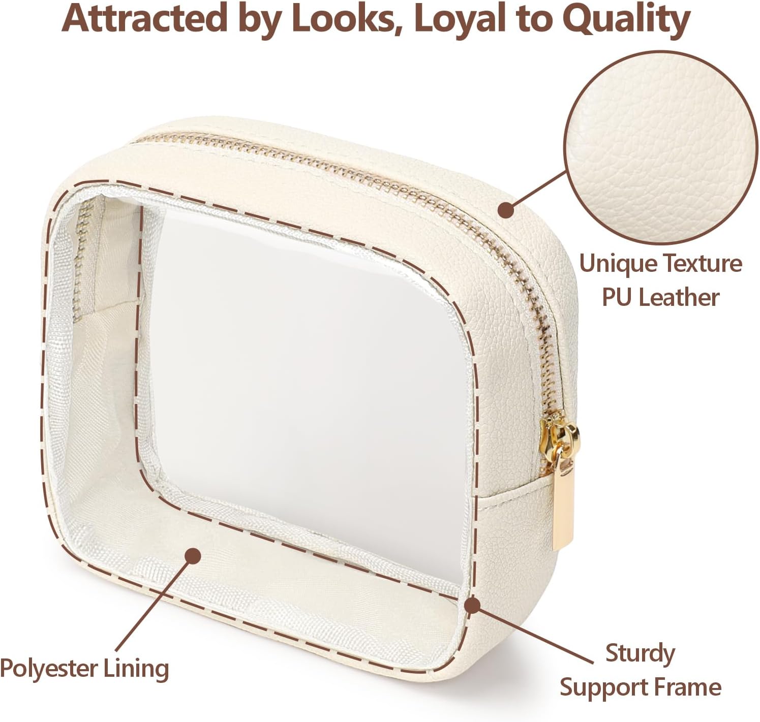 PACKISM Small Clear Makeup Bag - PU Leather Clear Travel Bags for Toiletries Mini Makeup Bag for Purse, Portable Cosmetic Bag Car Bag for Essentials for Women Gift Daily Use (Beige Mini)