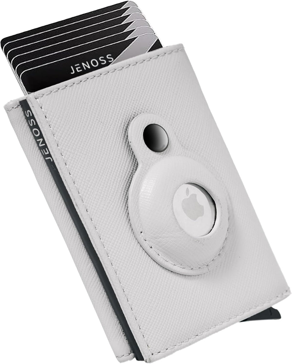 Jenoss Smart AirTag Wallet for Men & Women: Full Grain Leather, Handcrafted, Pop Up Case, Slim, RFID Blocking, Credit Card Holder, Apple Air Tag Tracker Minimalist 9-12 Slot | ID & Cash (Black& Grey)