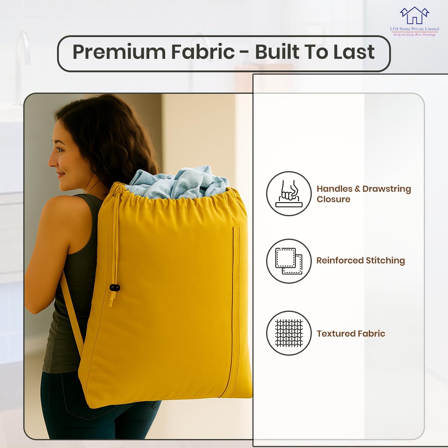 LFH Home Cotton Canvas Large Laundry Bag with Handle, Heavy Duty Drawstring Closure Washable Laundry Bags, School Travel, Home, Hotel, College Dorm, Organizer Sack, Toys Clothes 20x30-Yellow