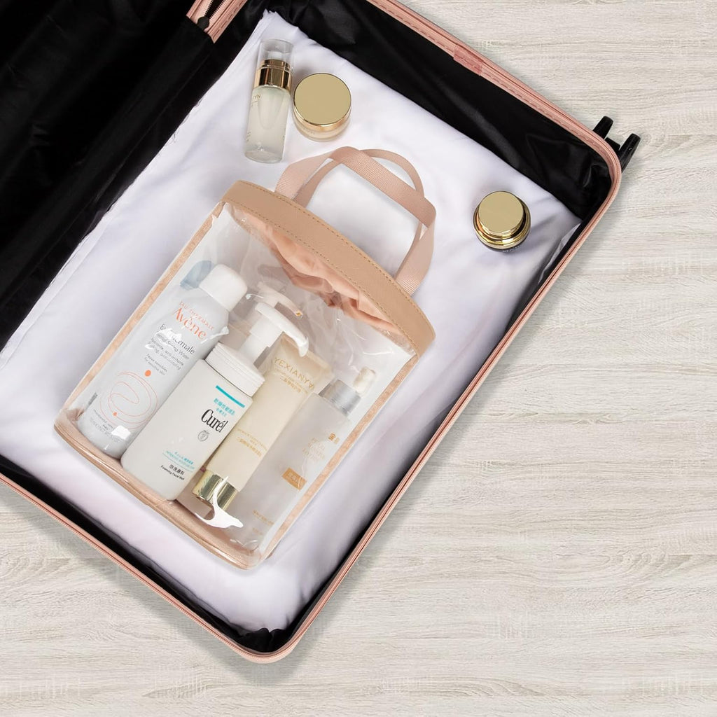 Travel Toiletry Bag, Clear Makeup Bag for Women, TSA Approved Toiletry Bag, Waterproof Clear Bag Cosmetic Pouch, Transparent Makeup Organizer, Carry on Airport Airline Compliant, Brown