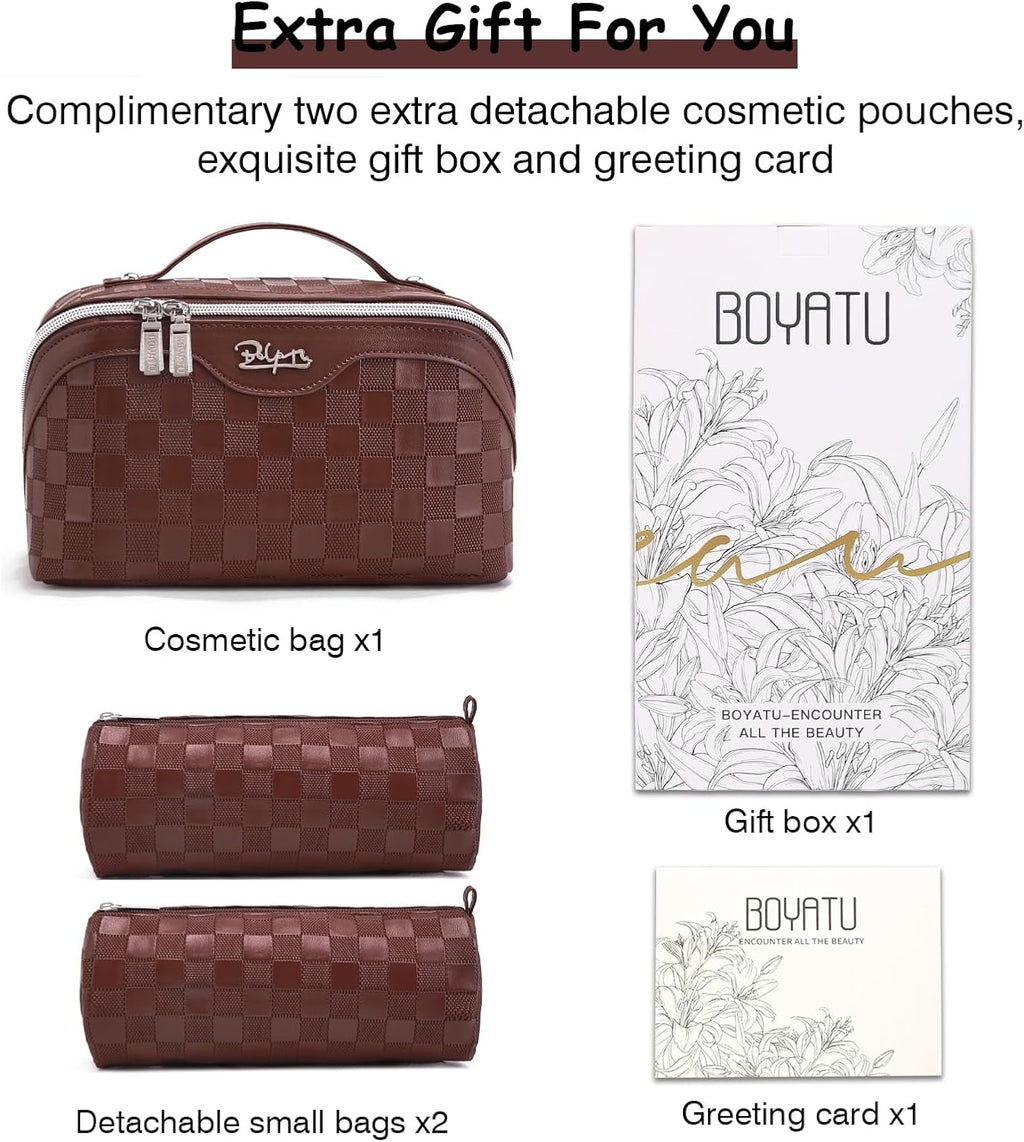 Travel Makeup Bag Organizer Cosmetic Bag: 3 Pcs Set Make up Bags for Women with Handle - Waterproof Vegan Leather Toiletry Bags with Comparments (C-09-Coffee)