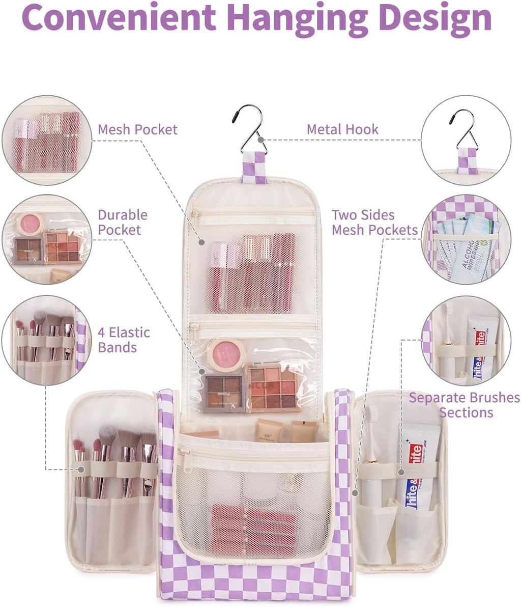 Narwey Checked Hanging Travel Toiletry Bag for Women, Travel Bag for Toiletries, Makeup Bag Organizer Cosmetic Bags Make Up Bags for Women (Purple Checkerboard)